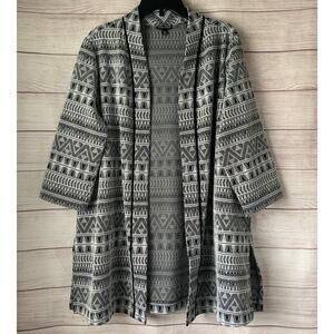 Roz & Ali Black White Long Cardigan Open Front Duster Geometric Aztec Size 1X